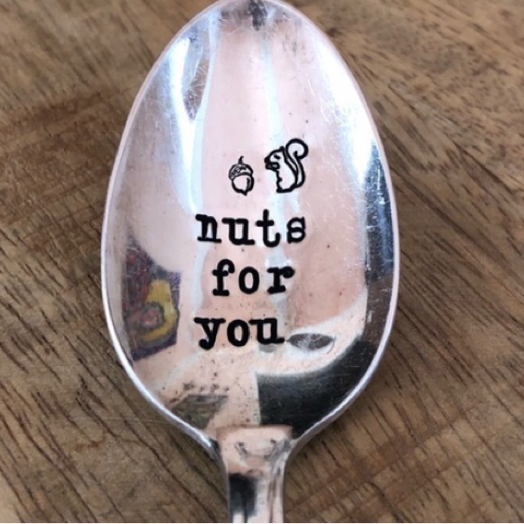 Hand-stamped silver plated vintage spoon saying “nuts for you” with 🐿️ & acorn - Picture 14 of 14
